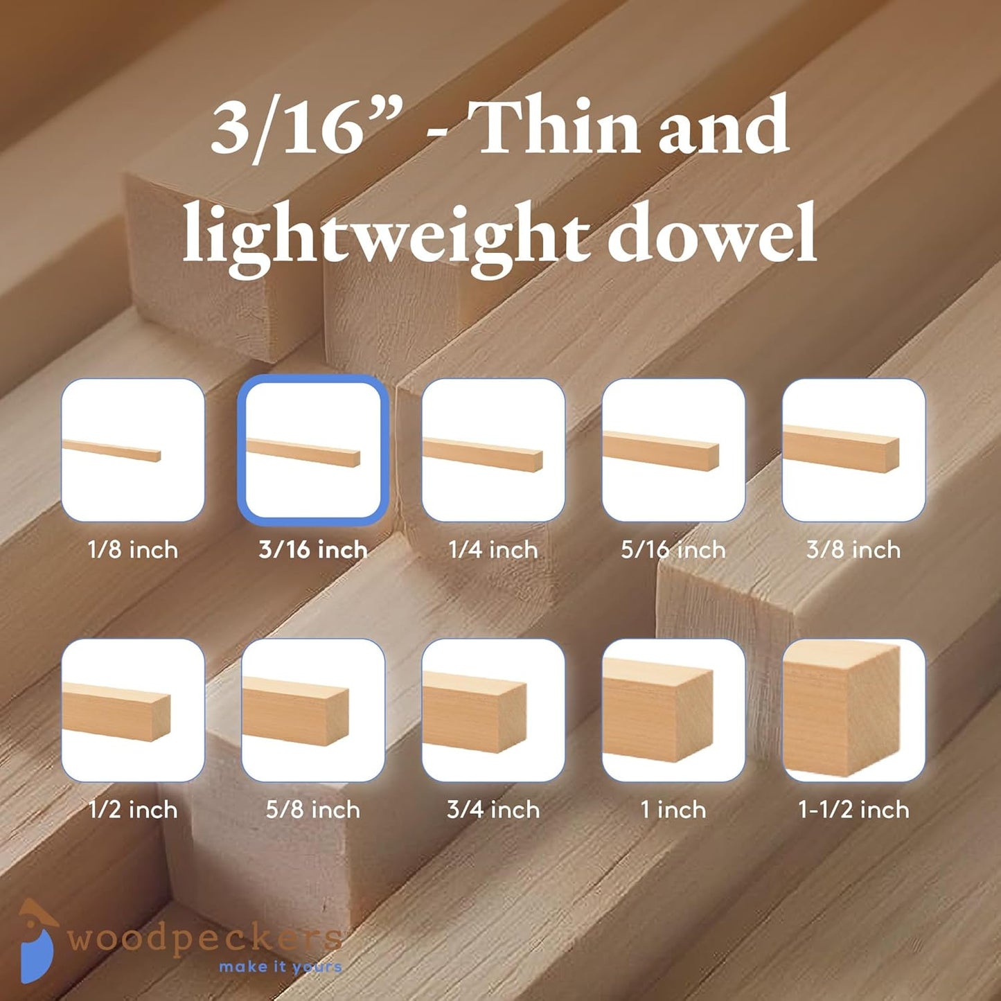 DIY Wooden Square Dowel Rod 3/16-inch x 12 Pack of 25 Hobby Wood Sticks for Crafts, Wood Trim & Architecture Model Making, by Woodpeckers