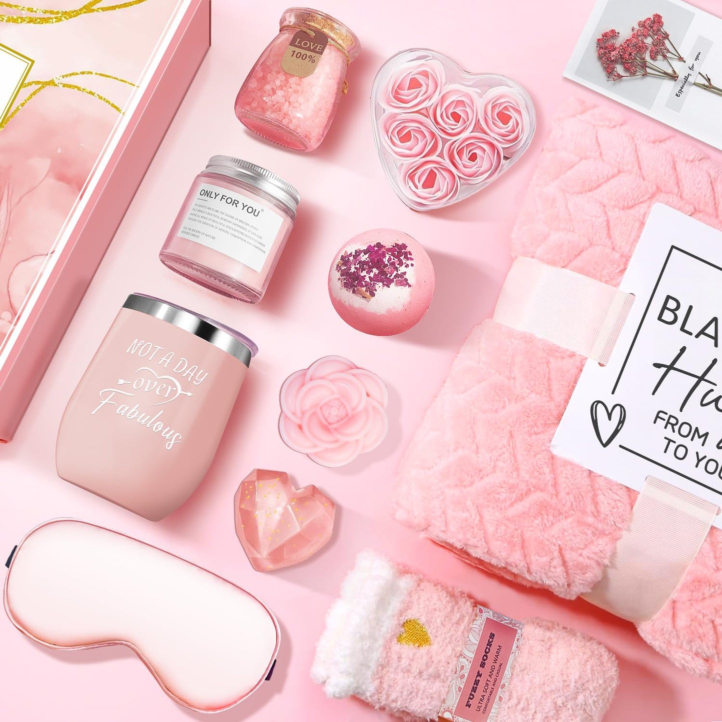 Birthday Gifts Basket for Women, Get Well Gifts, Spa Care Package with Flannel Blanket, Tumbler - Valentine's, Mother's Day, Christmas Gifts for Women, Mom, Wife, Girlfriend, Friends, Sister