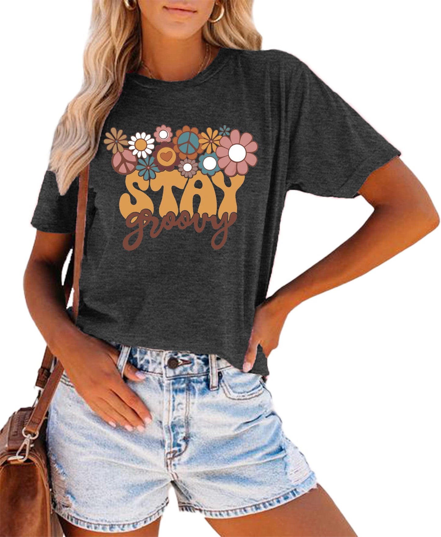 Stay Groovy Shirt for Womens Floral Graphic Retro Shirts Hippie 70s Tee Summer Tee Tops(Grey,XX-Large)