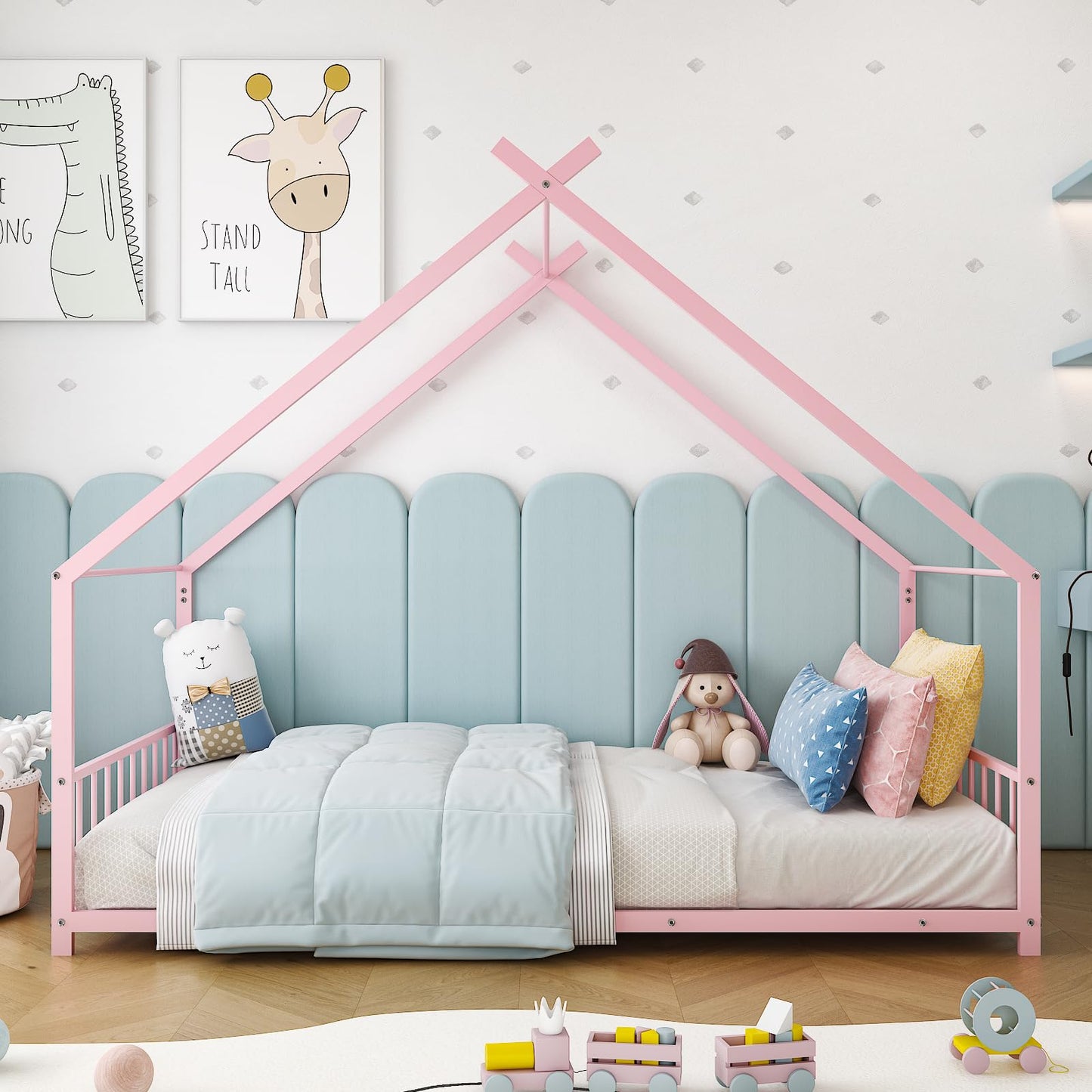 Ynredee Twin Wood House Bed,Floor Bed with Wood Slats,Metal Canopy Frame,Platform Bed with Headboard & Footboard for Boys Girls Teens,No Box Spring Needed (Pink)