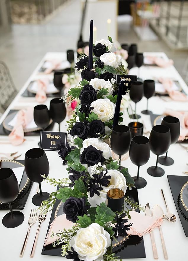 DearHouse 2Pcs Artificial Peony Flower Garland - Silk Peony Garland with Black White Flowers for Wedding Party Table Decoration,6ft/Strand (2, White & Black)
