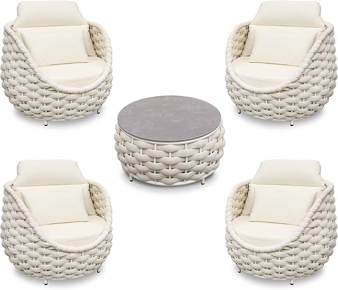 Erotr Woven Rope Patio Furniture Set: 5 Pieces Aluminum Outdoor Conversation Sofa Set All Weather - Cushioned Modern Deck Couch Set Assembled for 400lbs Front Porch Garden Lanai Sunroom Hotel, Beige