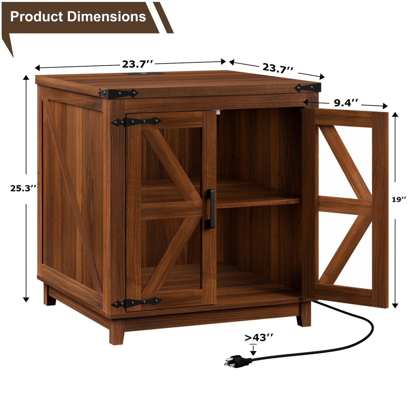 VITESSE Farmhouse End Table, 24" Large Wood Square Nightstand with Doors, Sofa Side Table with Charging Station Modern Nightstand Storage Cabinet for Living Room, Bedroom, Entryway (Brown)