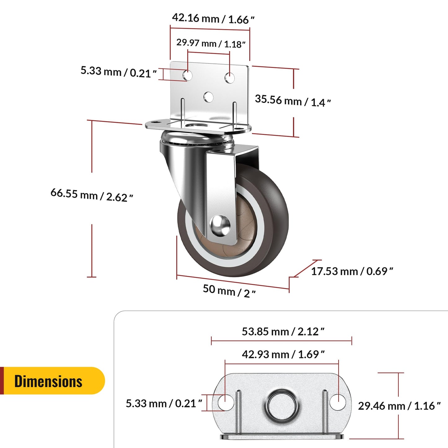 HOLKIE 2 Inch Side Mount Casters Set of 4 Supporting Up to 250 LBS Heavy Duty Furniture Wheels with Thickened L-Shaped Mounting Plate Ideal for Coffe Tables、Plant Stands、Cribs(2 with Brakes)
