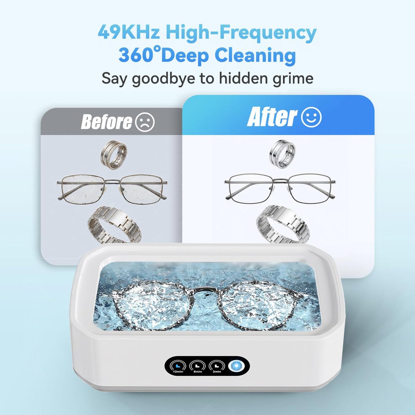 Ultrasonic Jewelry Cleaner Machine: 49KHz Ultrasonic Cleaner with 3 Cleaning Modes for Jewelry,Glasses,Rings,Watch Strap,Dentures,Retainers,Coins,Earring,650ML 304 Stainless Steel Tank(White)