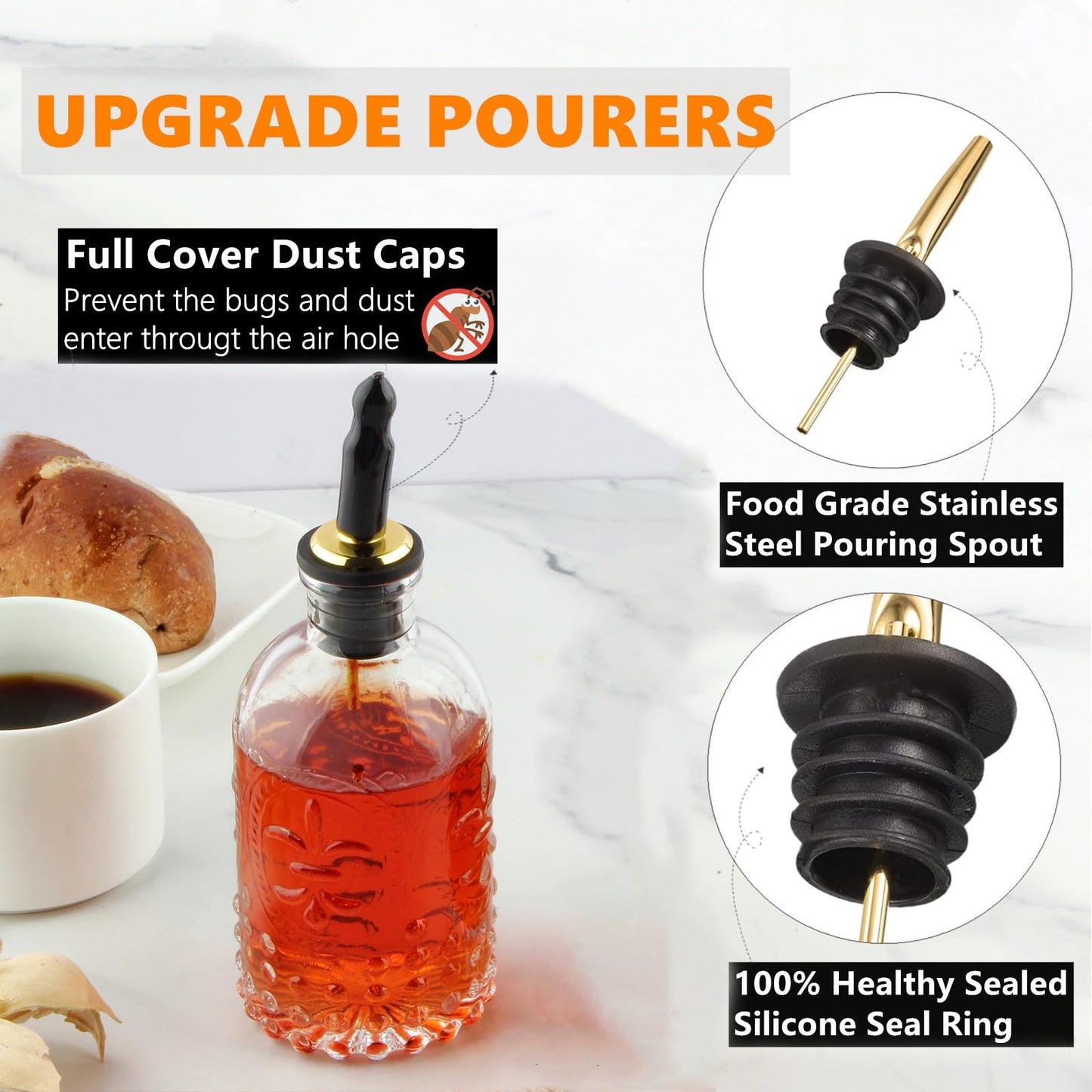 Shining Craft Simple Syrup Bottle, Glass Coffee Syrup Dispenser Bottle 7 OZ With Metal Pour Spout, Labels and Stopper, Glass Syrup Dispenser for Maple Honey Syrup Oil and Sauces, SC059