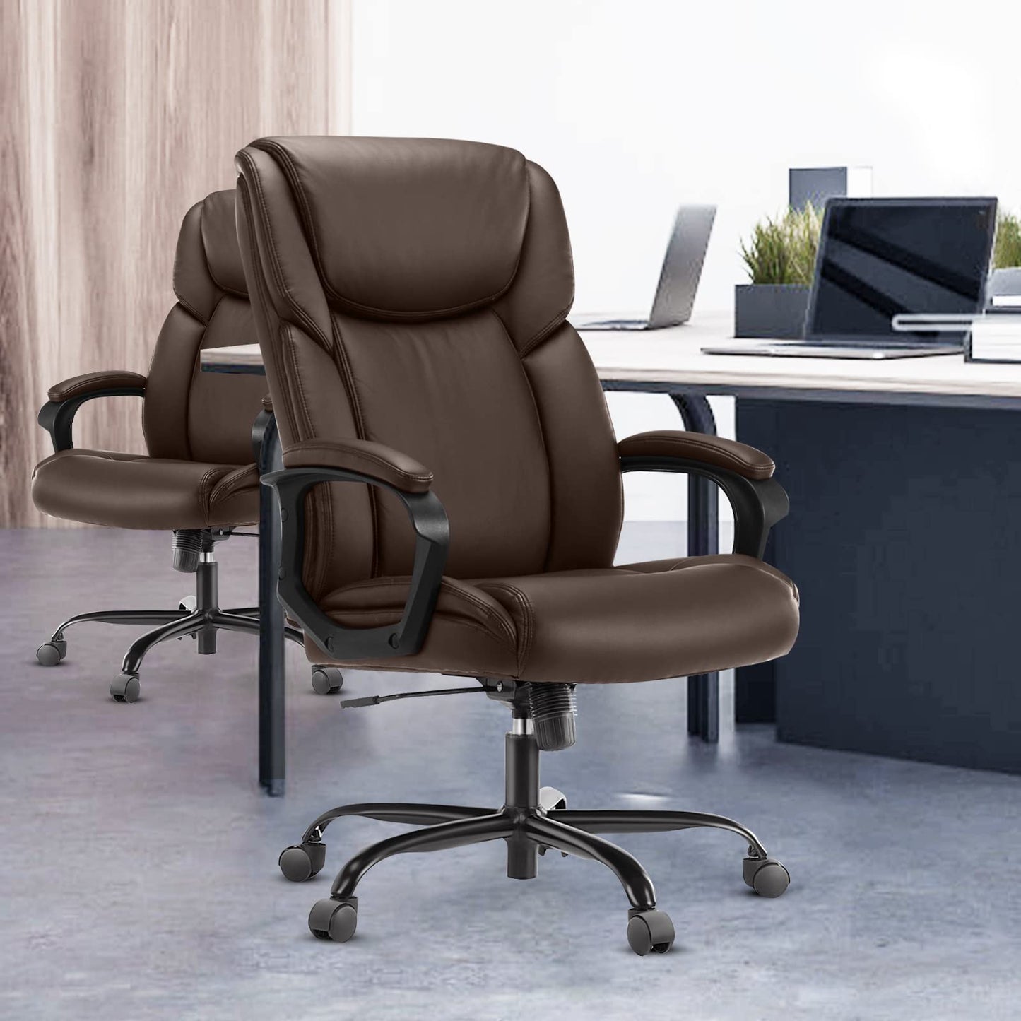 Executive Office Chair - Ergonomic Home Computer Desk Chair for Heavy People with Wheel, Lumbar Support, PU Leather, Adjustable Height & Swivel