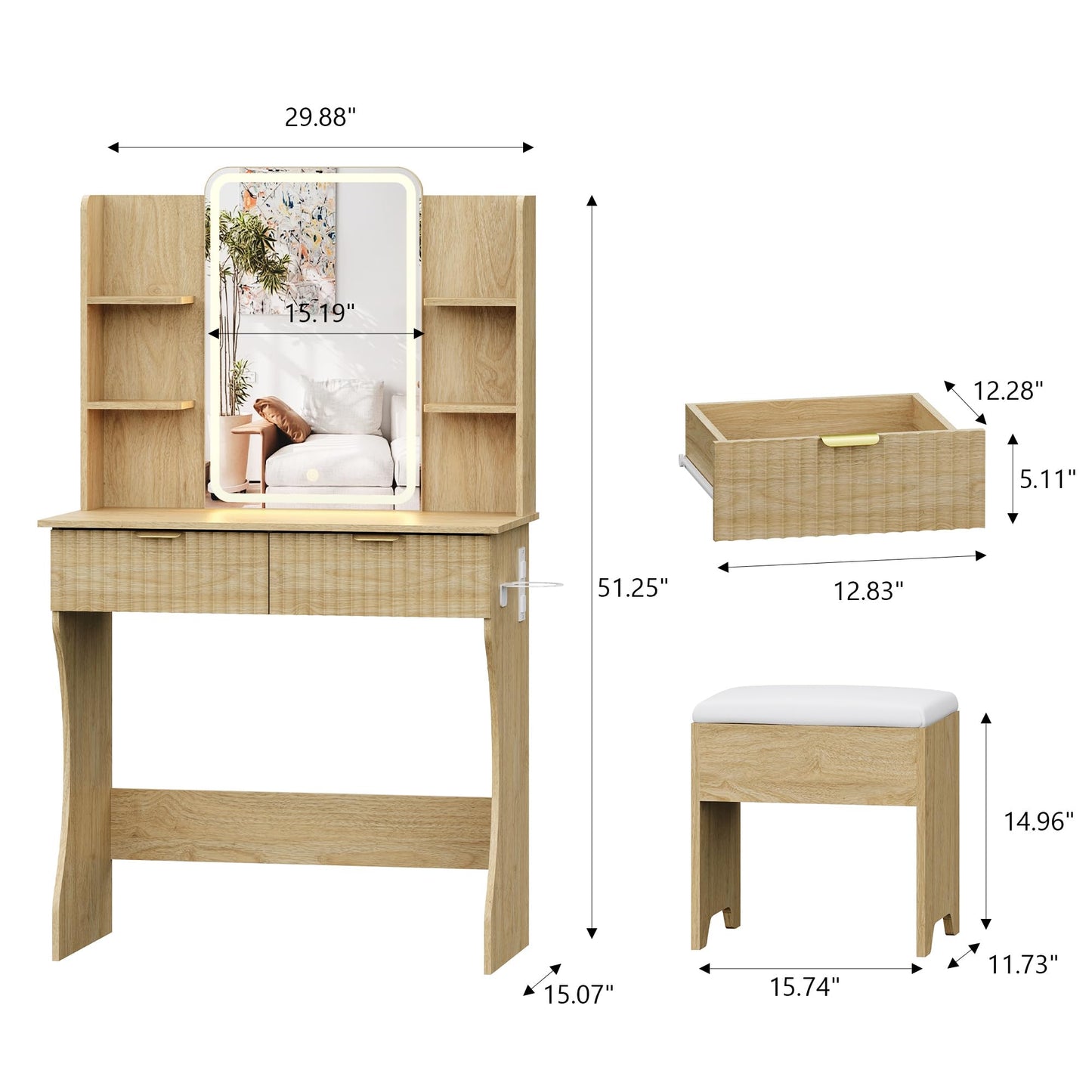 Small Vanity Desk with Mirror and Lights, Makeup Vanity with LED Lighted Mirror, Fluted Vanity with Lights Desk and Chair, 3 Lighting Adjustable Dressing Table with Charging Station for Women,Girls