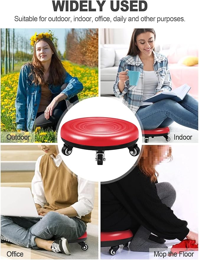 Lanstics Low Rolling Stool with Wheels PU Leather Roller Seat Wheel Stool Chair Round Rolling Seat Stool with Universal Wheels for Home Office Fitness (Red)
