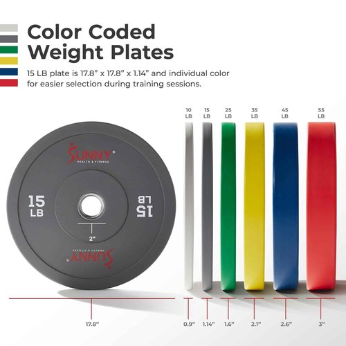 Sunny Health & Fitness Elite 2-Inch Rubber Olympic Bumper Weight Plate 10, 15, 25, 35, 45 & 55 LB w/ Steel Hub for Home Gym, Body Building, Strength Training, Barbell, Deadlifts, Weightlifting 15 POund (Pair) - SF-OP01-15