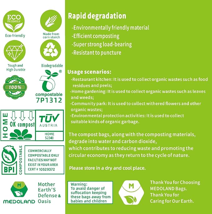 BPI Certified Compostable Trash Bags 2.6 Gallon (150Count) - 2X Thicker Than Regular, Fits Countertop Bins, 0.71mil Thick & Leakproof for Food Scraps, 90-Day Breakdown, Plant-Based Kitchen Waste Bags