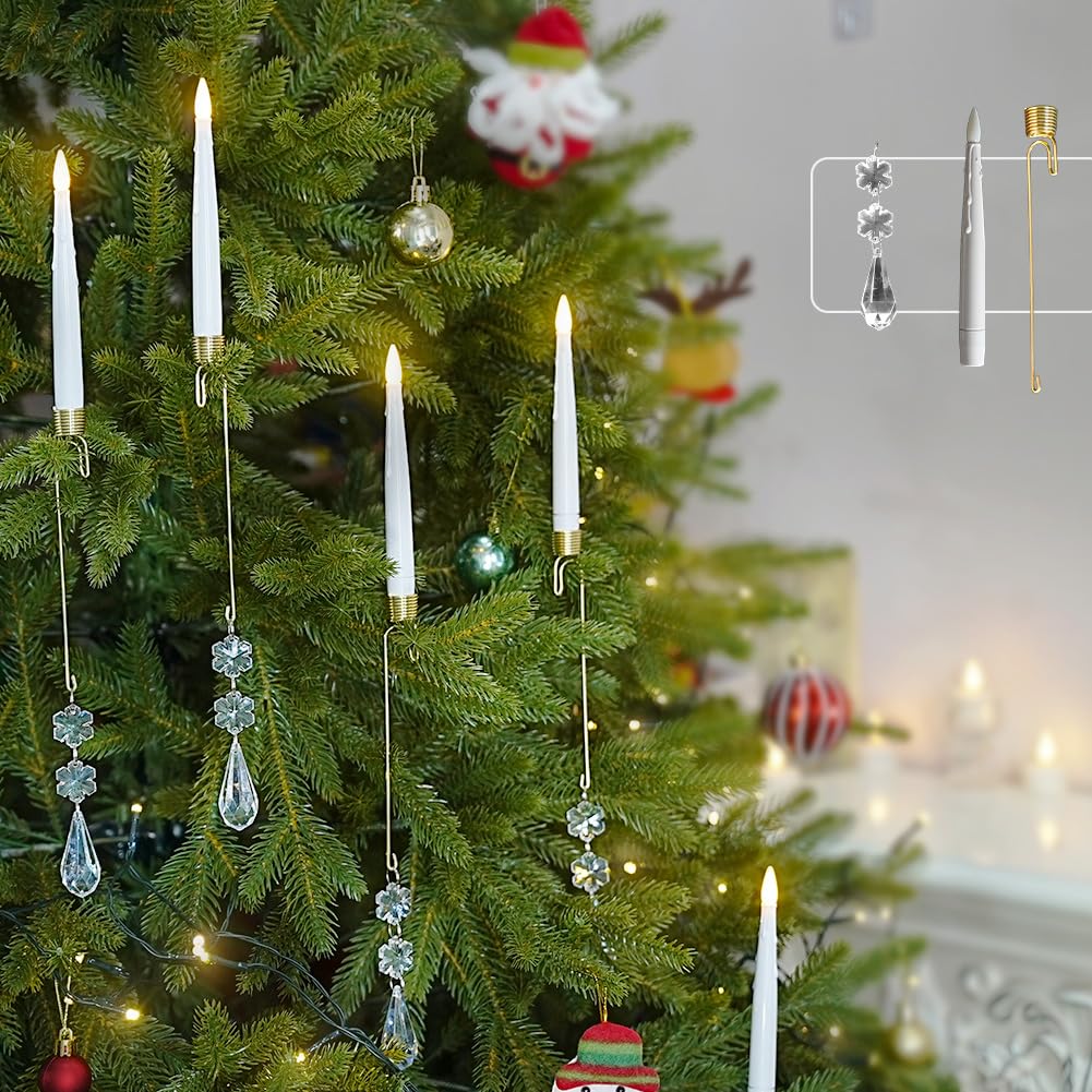FPOO Flameless Christmas Tree Candles, 12 pcs LED Candle for Christmas Tree with Waterdrop Ornaments and Hooks, Battery Operated
