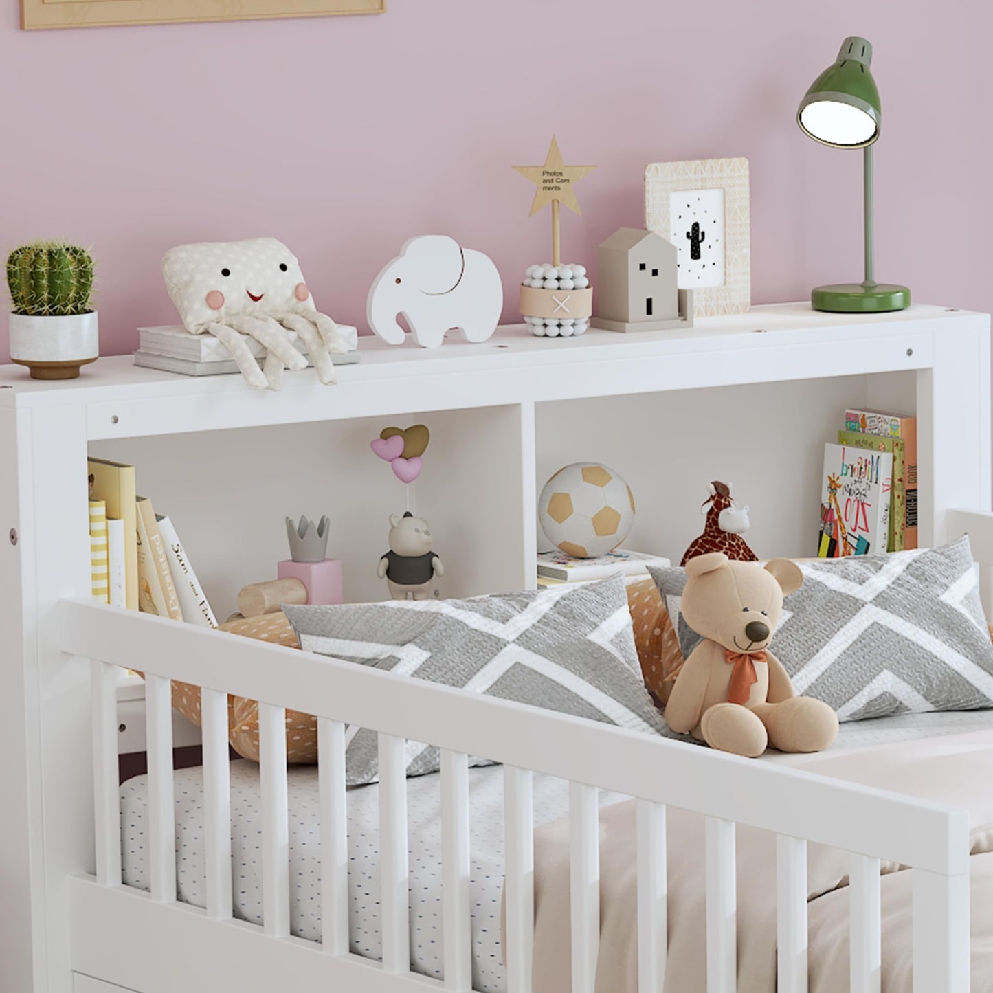 Bellemave Kids Twin Bed Frame with Storage Headboard, Wooden Platform Bed with 3 Side Guardrails and 2 Drawers, Twin Size Bed Frame, No Box Spring Needed, Low Daybed for Kids, White
