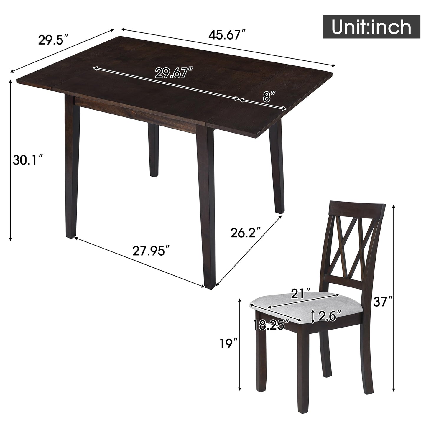 Merax 5 Piece Farmhouse Extendable Dining Table Set - Wood Table with Drop Leaf, 4 Upholstered Chairs for Kitchen, Small Places, Easy Assemble Espresso