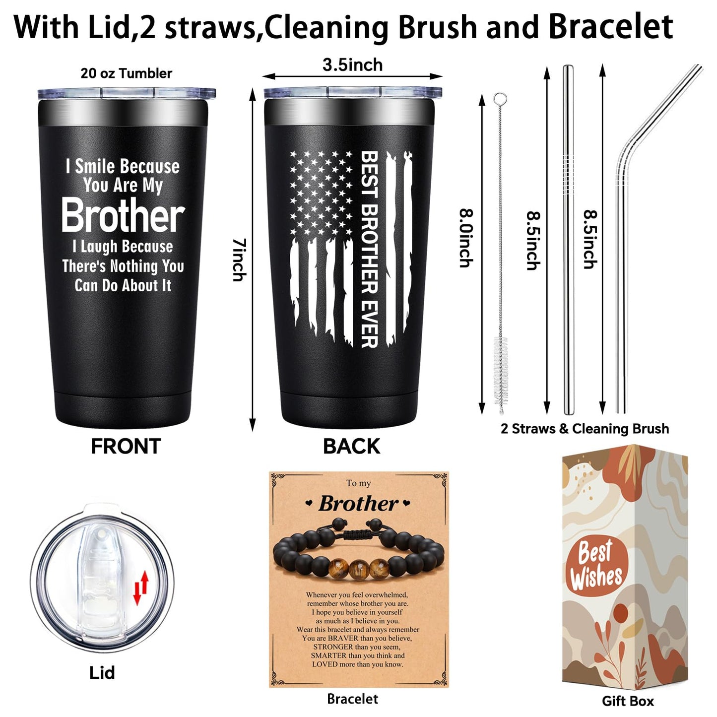 Grifarny Brother Gifts from Sister - Christmas, Fathers Day, Birthday Gift for Brothers Adult - Best Brother Ever Gifts - I Smile Because You are My Brothers Tumbler Cup 20 oz