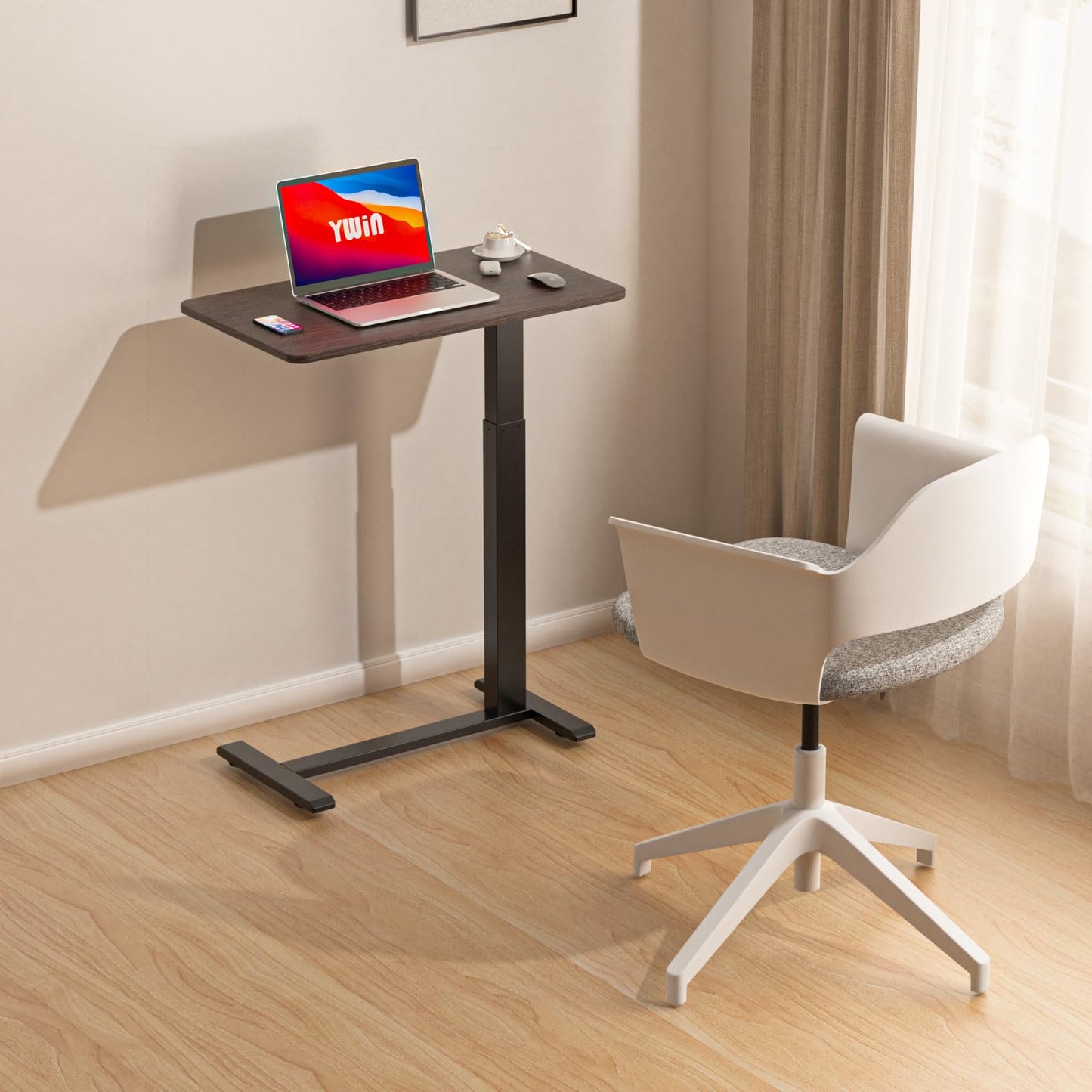 Ywin Adjustable Height Side Table, Adjustable Bedside Table with Wheels, Overbed Bedside Table, Pneumatic Moveable Bed Desk, Rolling Hospital Bed Table(Black Walnut)