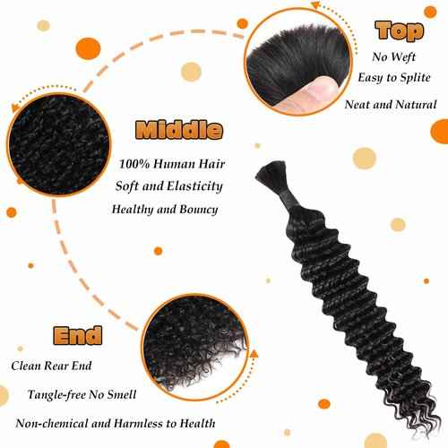 Bohemian Hair for Braiding Human Hair Bundles for Deep Wave Braiding Hair No Weft 1 pack 100g Human Hair Bulk for Braiding Hair Curly Boho Human Hair Natural Black(Deep Wave Human Hair 20inch)