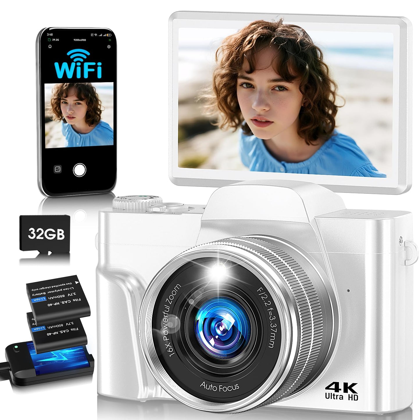 4K Digital Camera for Photography with WiFi,64MP Autofocus Vlogging Camera for YouTube,3 180 Flip Screen Compact Travel Camera