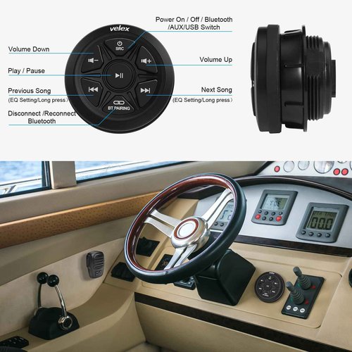 Velex Bluetooth Audio Receiver, Waterproof Marine Amplifier 2 Channel with Rechargeable Handheld Microphone Wireless Range 30 Feets