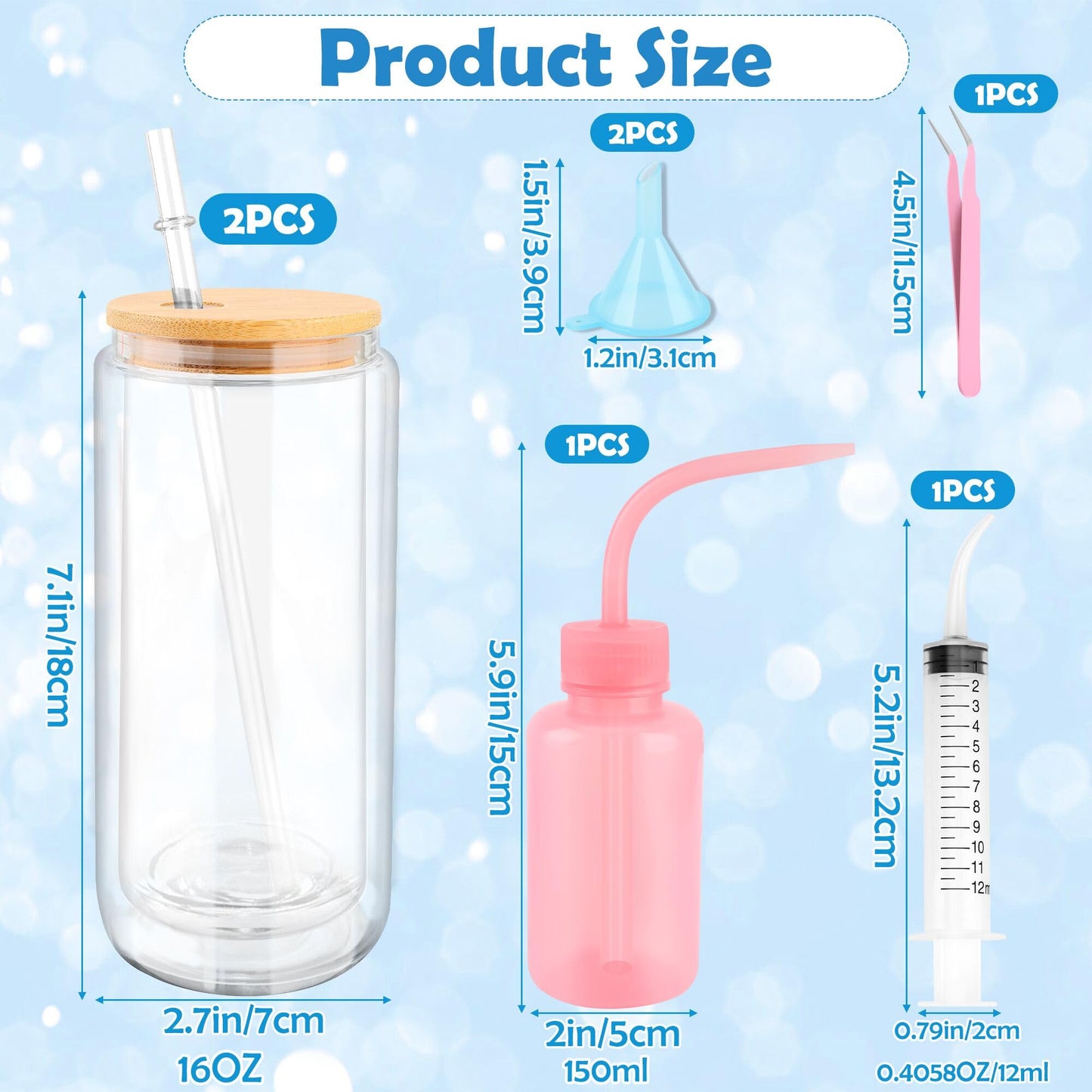 7 PCS Snow Globe Tumbler Supplies, Anglecai Snow Globe Cup DIY Tool for Glitter Snow Globe Kit with 2P 16oz Pre Drilled Double Wall Cup, Squeeze Bottle, 2P Funnel, Tweezer, Bent Syringe
