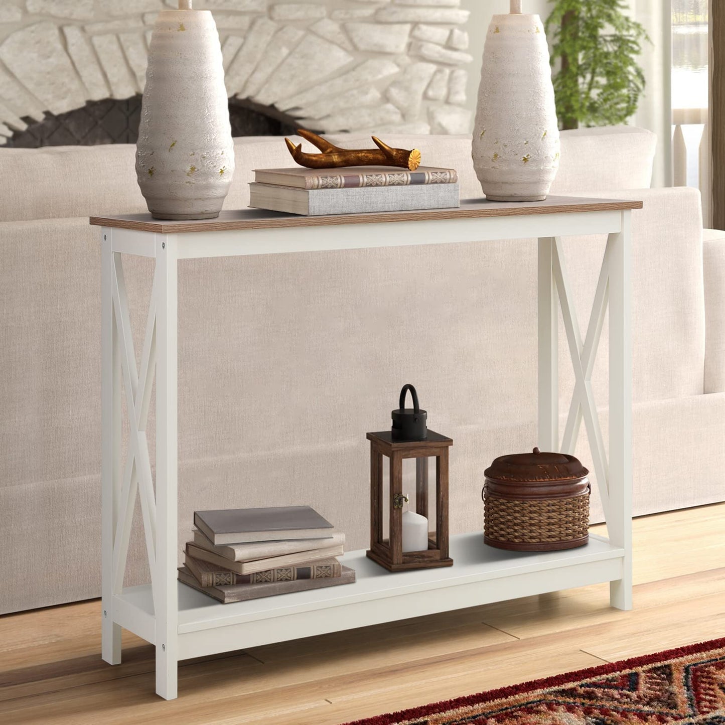 Sophia & William Console Table with Storage Shelf, 2 Tier Farmhouse Sofa Table for Entryway, Hallway, Living Room, Ivory