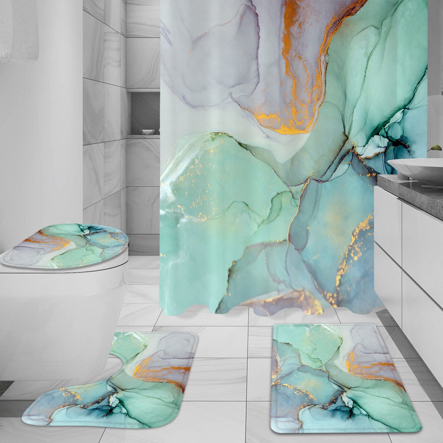 Gibelle 4 Pcs Shower Curtain Set with Non-Slip Rugs Toilet Lid Cover and Bath Mat, Green Marble Bathroom Decor Set with Accessories