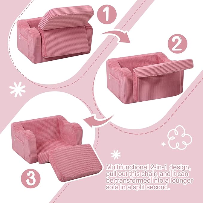 MeMoreCool Toddler Chair & Kids Couch Bed 2‑in‑1 Foldable Lounge Pink (1‑3 yrs) — Convertible Fold‑Out Seat to Sofa Bed for Toddlers, Soft Corduroy Finish, Machine‑Washable Cover, Ideal for Playrooms