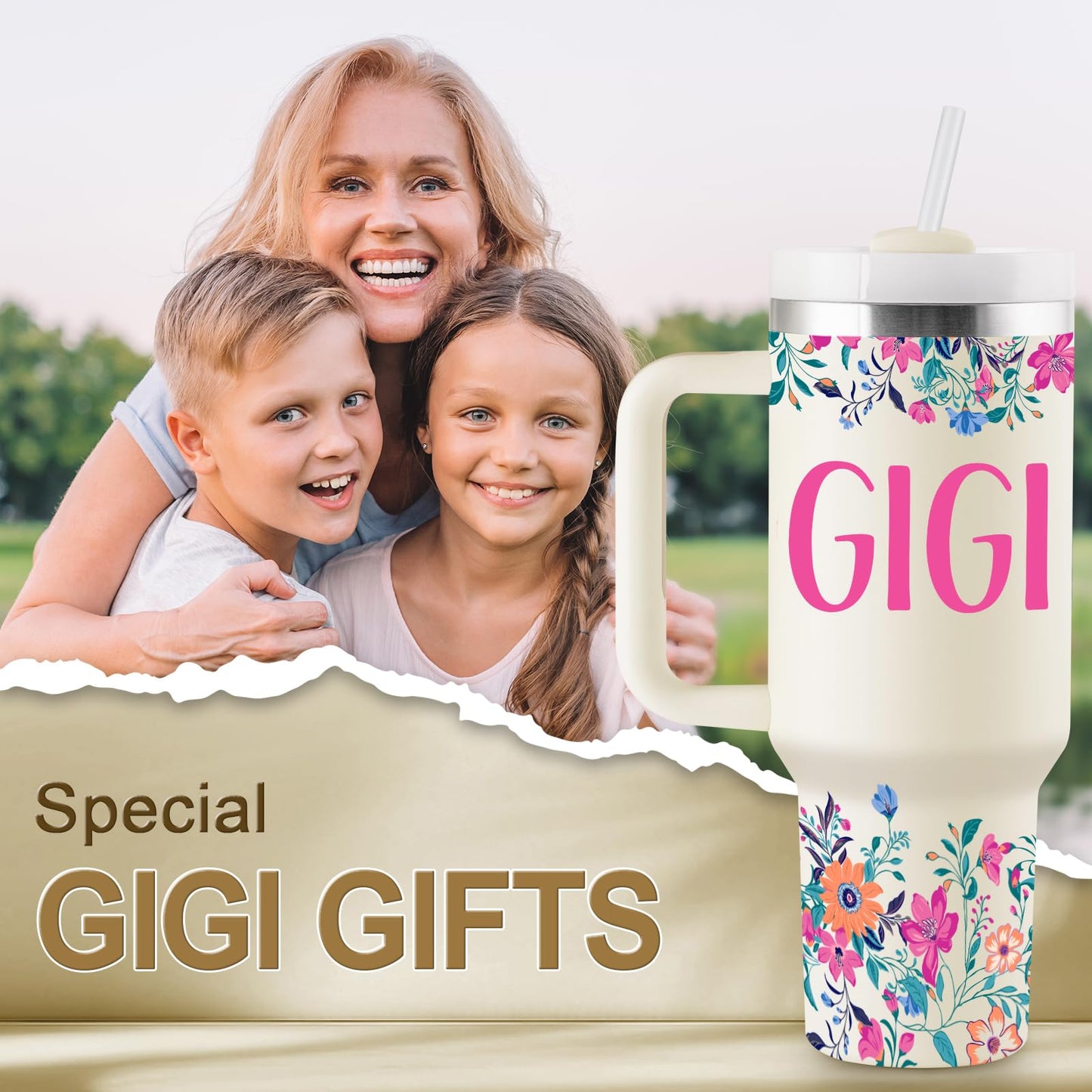 ROSTANTEN Gigi Gifts for Grandma Birthday Gifts for Gigi from Granddaughter Grandchildren Grandkids Grandma Mothers Day Christmas Gift 40oz Travel Cup Insulated Tumbler with Lid & Straw