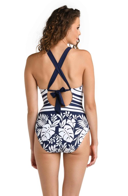 La Blanca Women's High Neck One Piece Swimsuit, Indigo//Beach Bungalow, 14