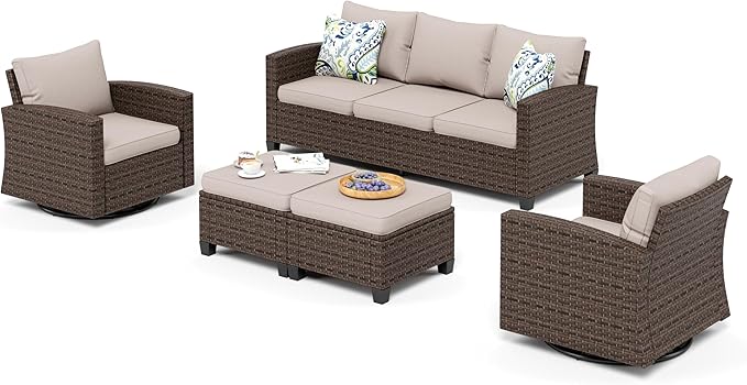 SUNSHINE VALLEY Swivel Glider Patio Furniture Set Outdoor Furniture Brown Wicker Rattan Patio Conversation Sets with Cushion Outside Sofa Set,5 Pieces 7 Seats,Beige