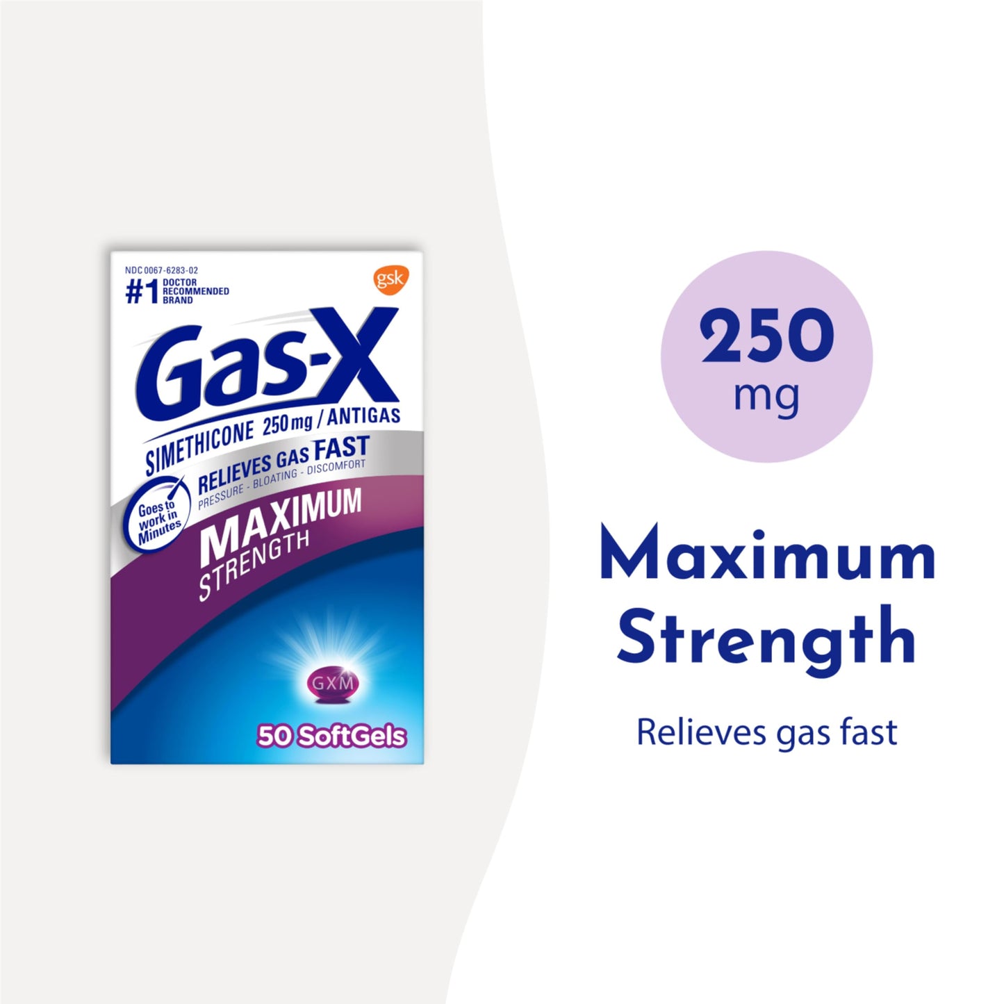 Gas-X Maximum Strength Gas Relief Softgels with Simethicone 250 mg for Bloating Relief - 50 Count