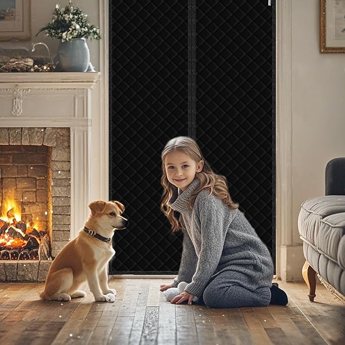 Magnetic Thermal Insulated Door Curtain Fit Door Size 32" x 80", Quilted Oxford Fabric Thicken Cotton Fill, Winter Door Cover Keep Cold Draft Out, Blanket Insulation for Front Patio Doors Black