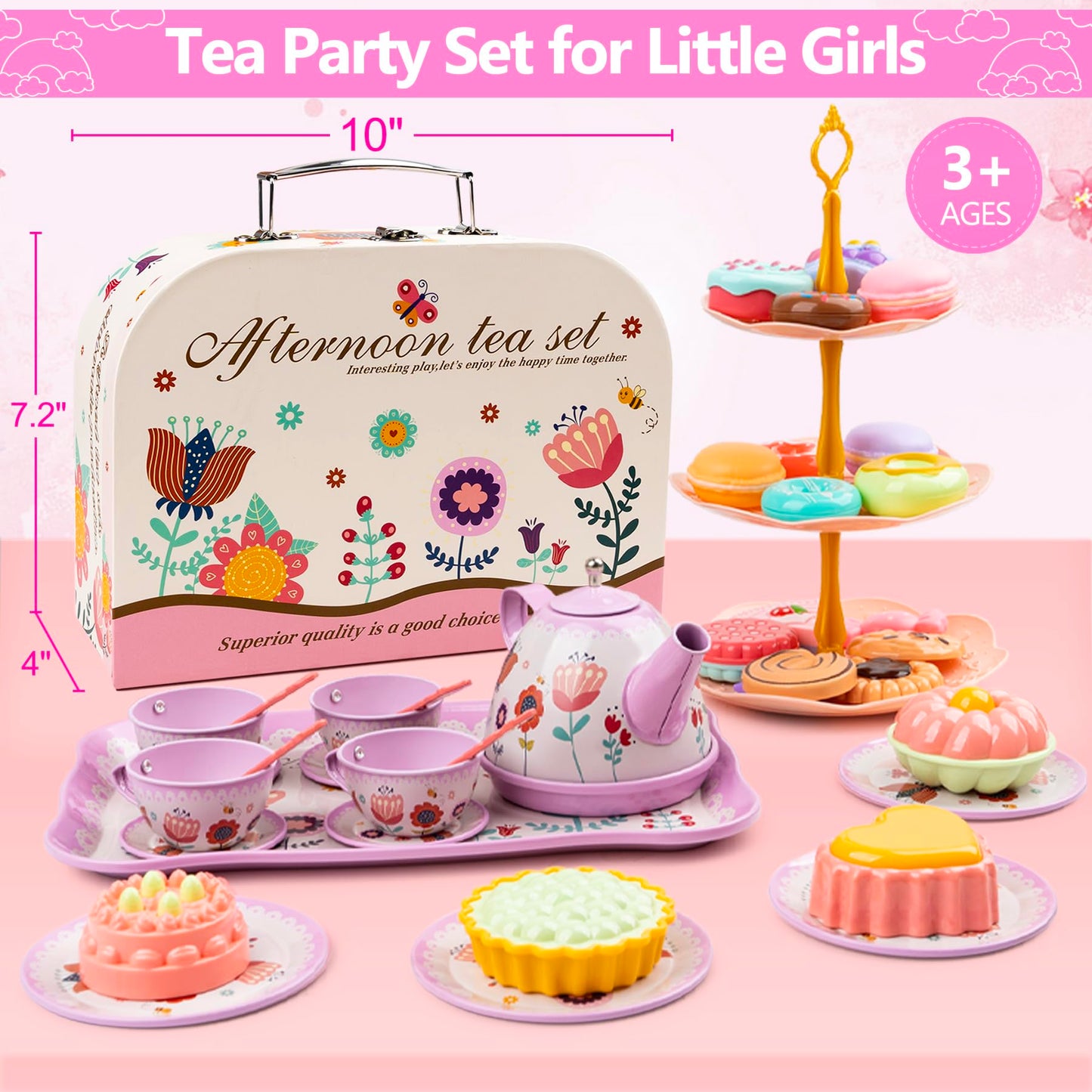 Tea Party Set for Little Girls, 48PCS Princess Tea Time Toy Playset, Kitchen Pretend Play Include Teapot Dishes Dessert & Carrying Case, 3 Year Old Girl Gifts(Flower Design)
