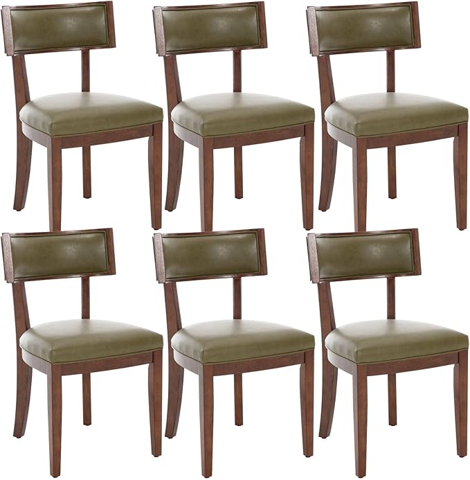 DM Furniture Mid Century Modern Dining Set of 6 - Faux Leather Upholstered Chairs With Curved Backrest - Farmhouse Kitchen Solid Wood Side Chairs for Living Room/Restaurant