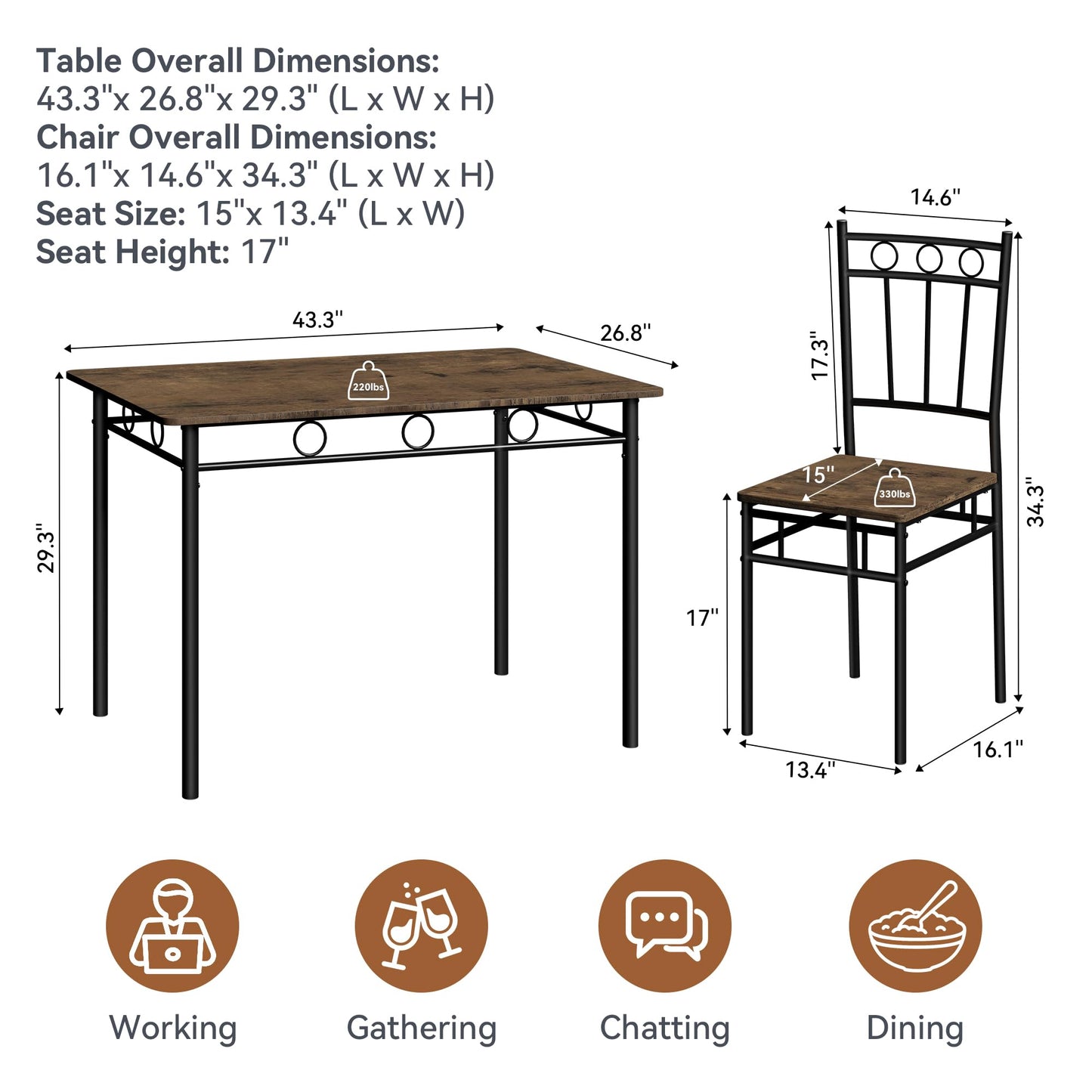 AMICLIBER Dining Table Set for 4, 5-Piece Kitchen Table and Chairs, Rectangular Dining Room Table Set with 4 Chairs, Space-Saving Kitchen Table Set for Small Space,Dinette,Apartment,Retro Brown