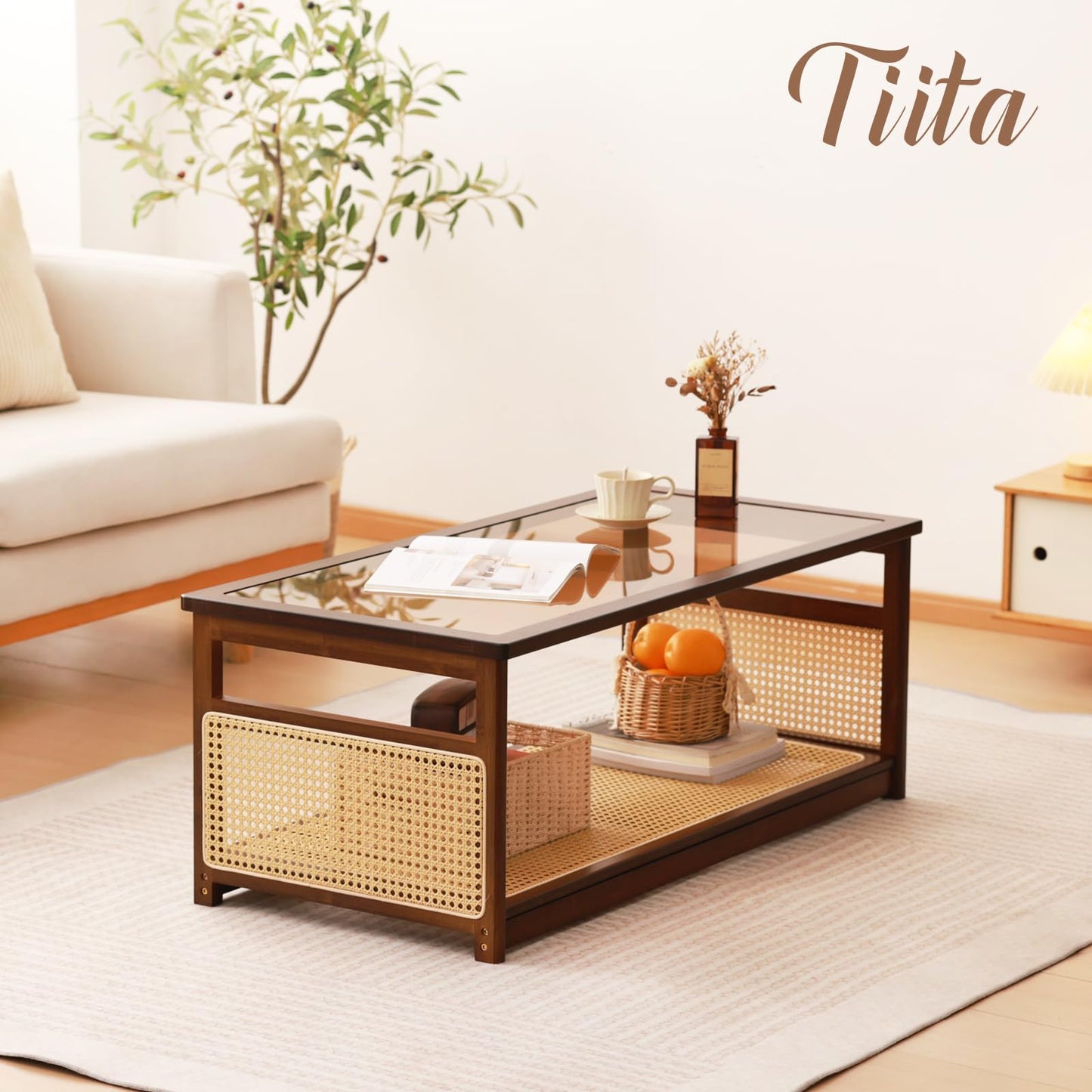 Tiita Coffee Tables for Living Room,Mid Century Modern Storage 2-Tier Coffee Tables,Rattan Glass RectangleTables,Suitable for Living Room Apartment,Brown