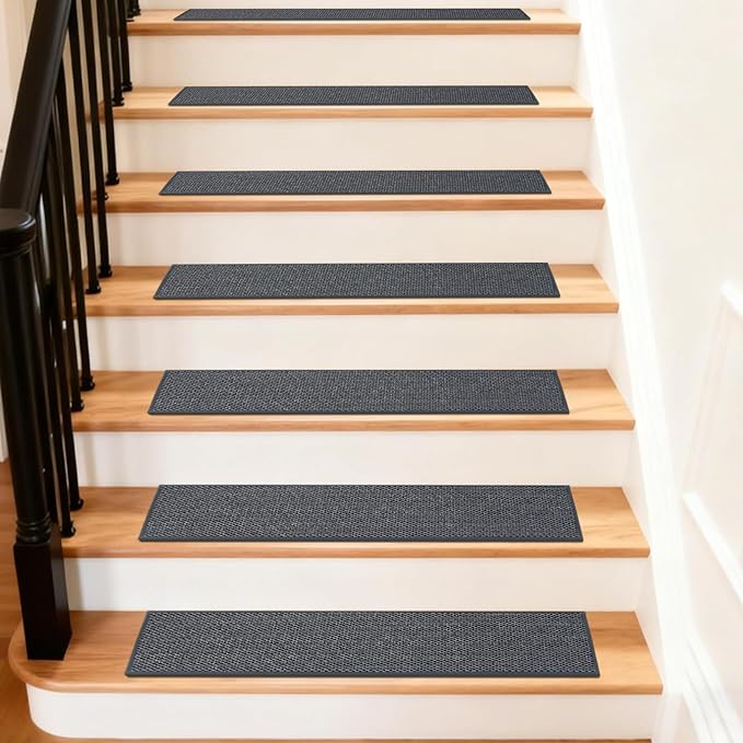 Art3d Stair Treads for Wooden Steps 15Pcs, 8" X 30" Non Slip Stair Runner Rugs with Reusable Adhesive for Elders Kids and Dogs, Machine Washable Peel and Stick Stair Treads Carpet, Black