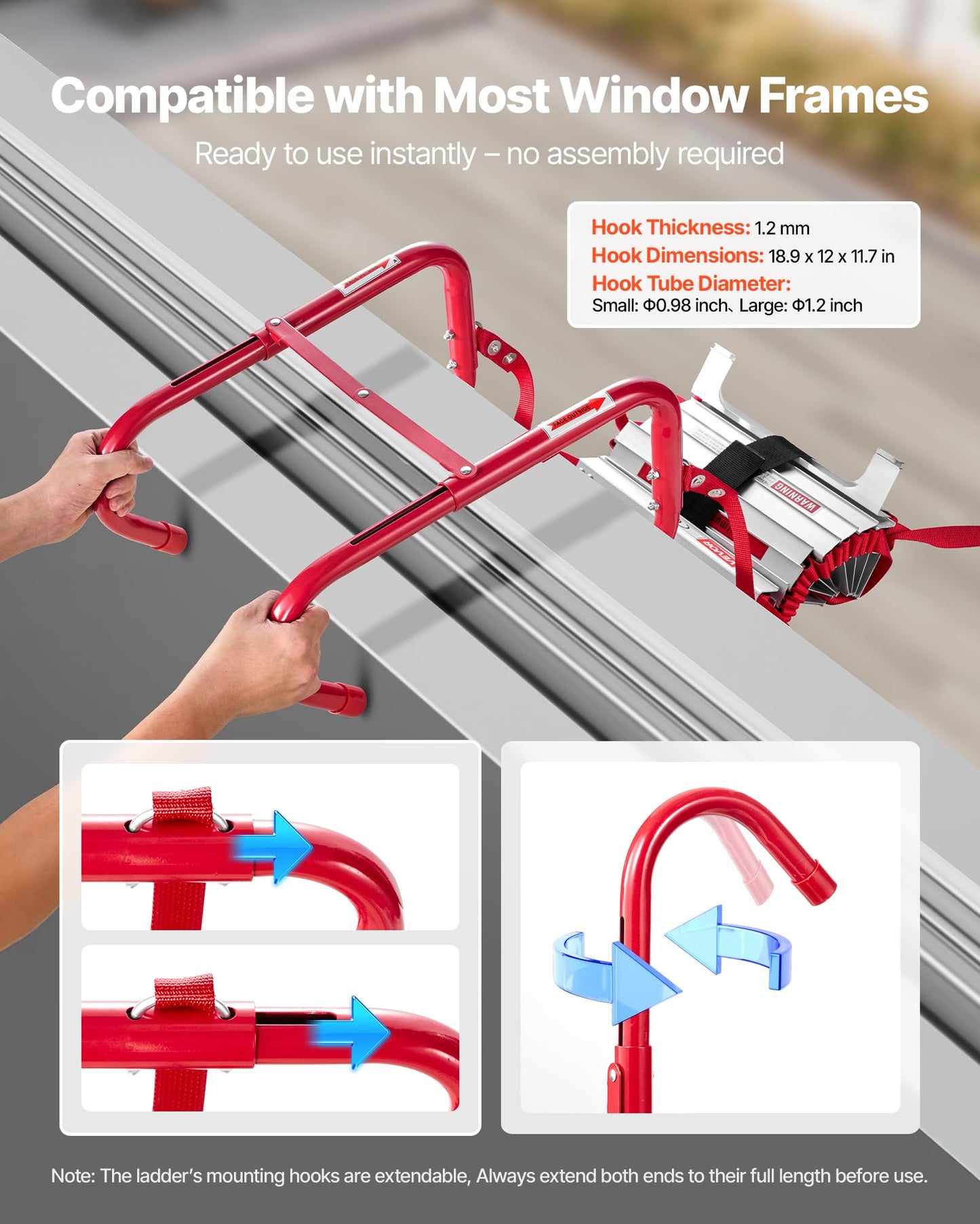 VEVOR Fire Escape Ladder, 2-Story 13FT Retractable Emergency Fire Ladder, Lightweight Aluminum Alloy Safety Escape Ladders with Sturdy Polyester Strap, Anti-Slip Rung & Wide Steps, 1000LBS Max Loading