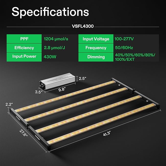 VIVOSUN VSFL4300 Bar LED Grow Light, 430W 4 Bars Plant Grow Light, Foldable & Dimmable, Full Spectrum with UR/FR Light for Indoor Plants