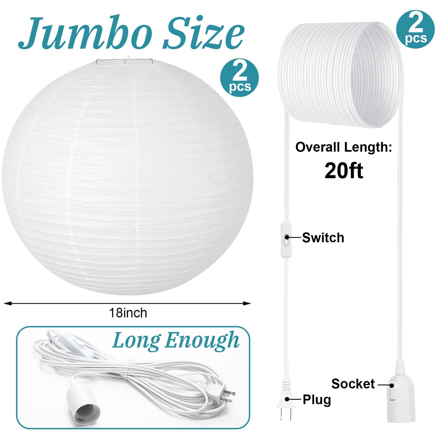Rossesay 2 Sets Jumbo Paper Lanterns with Lamp Cord Cable White Hanging Paper Lanterns Chinese Japanese Pendant Hanging Lamp for Birthday Wedding Bridal Anniversary Party Decoration (Round, 18 Inch)