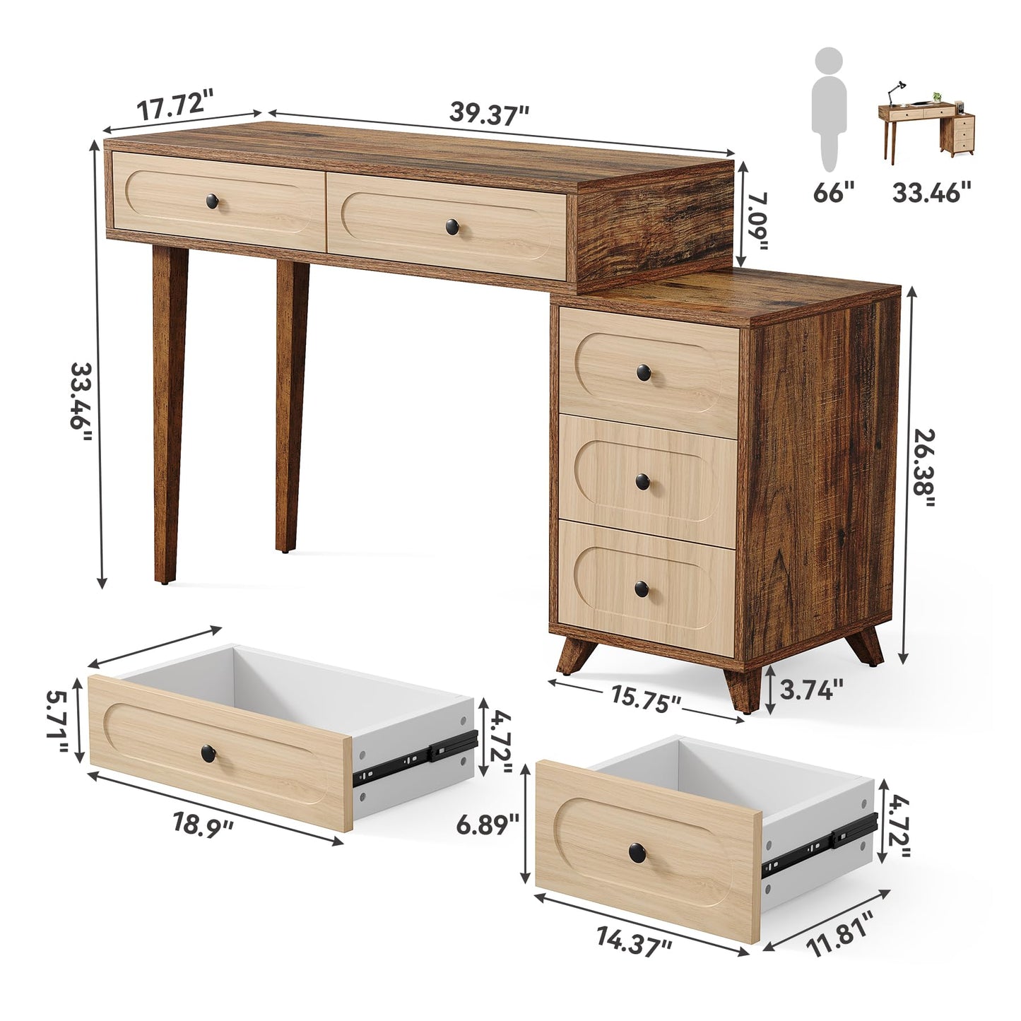 LITTLE TREE 39-Inch Writing Desk with 5 Drawers & Retractable Cabinet, Small Expantable Computer Desk, Vanity Table with Storage, Interchangeable Left and Right, for Small Spaces, Brown