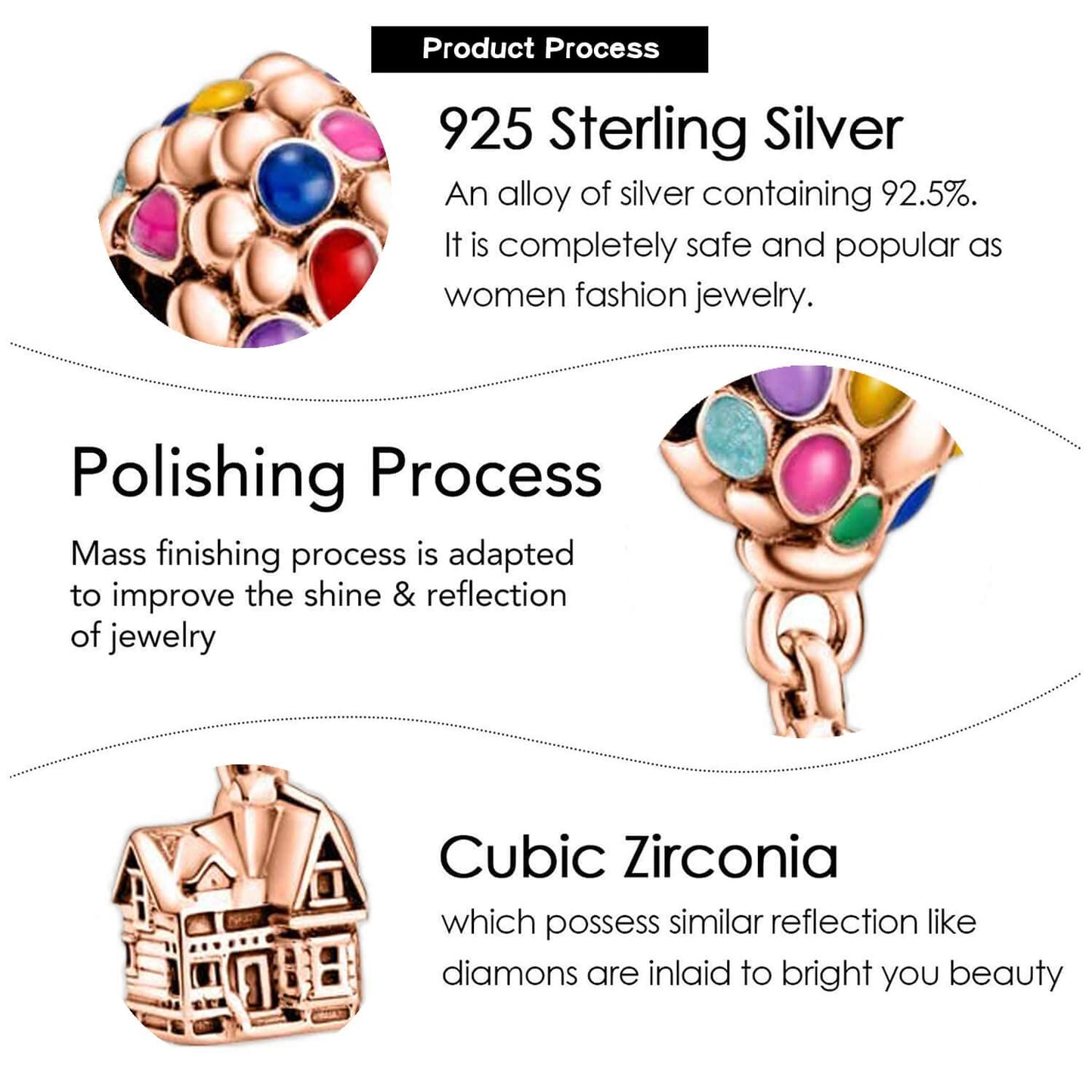VALGACLS Rose Gold Hot Air Balloon Charm Up Charm for Bracelet 925 Sterling Silver Charms Up House Charms