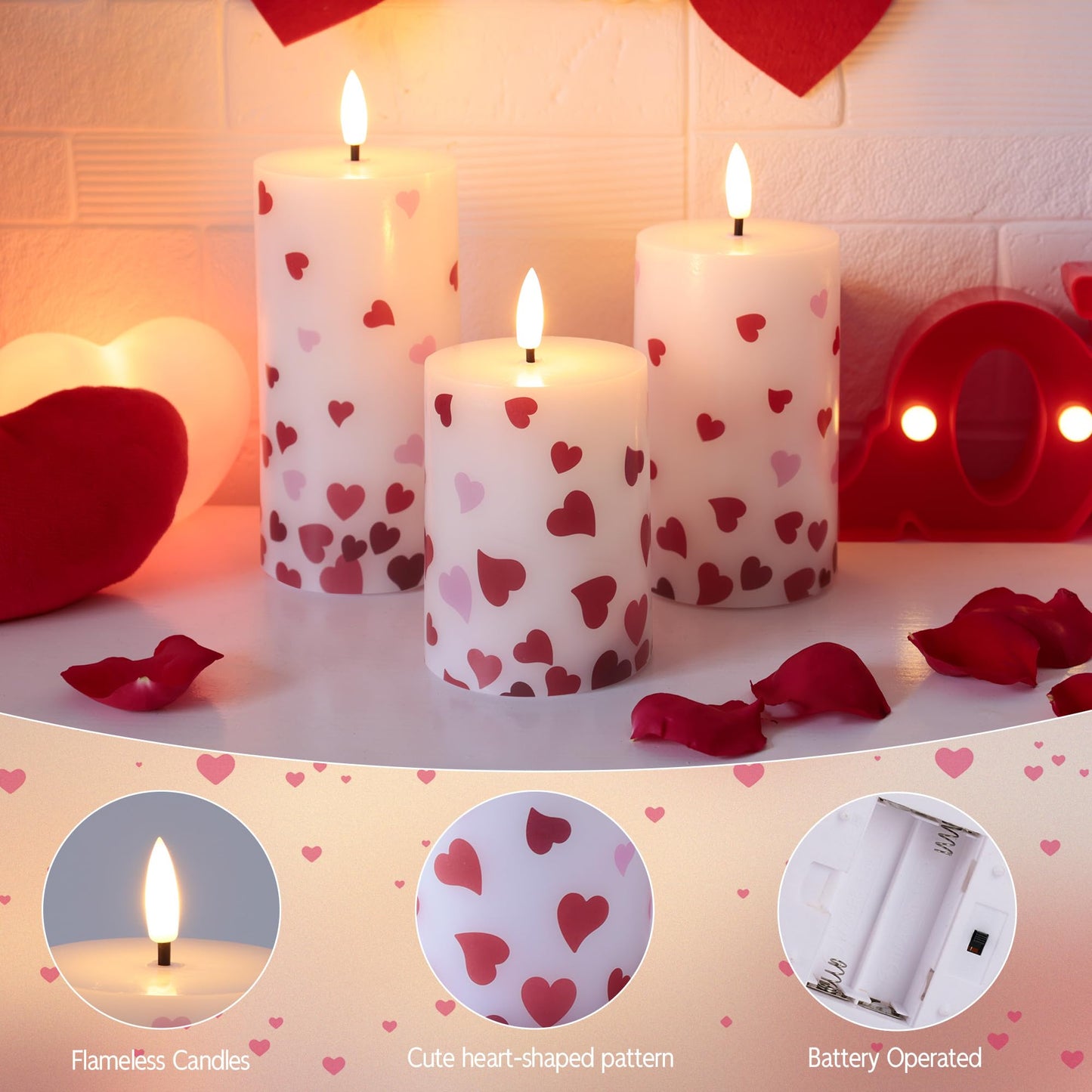 JOIONE Valentines Day Flameless Pillar Candles with Remote Set of 3, Battery Operated Real Wax LED Heart Stickers Candle, Perfect for Romantic Date Night, Wedding and Home Dรฉcor, Heart Stickers