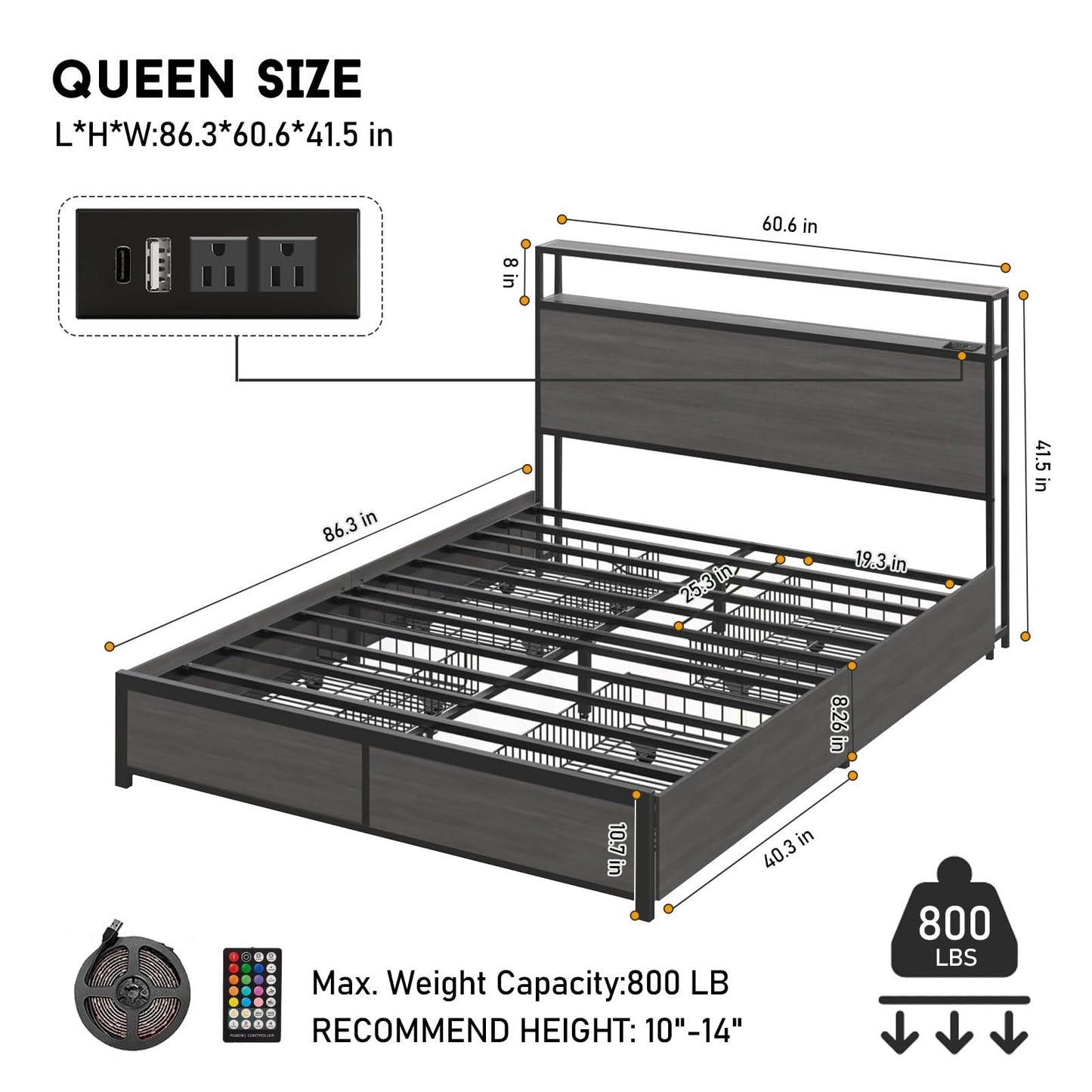 EVBFORU Queen Bed Frame with Storage Headboard and 4 Drawers, Metal Platform Bed Frame with LED Light, Charging Station, No Box Spring Needed, Noise Free, Easy Assembly, Rustic Grey