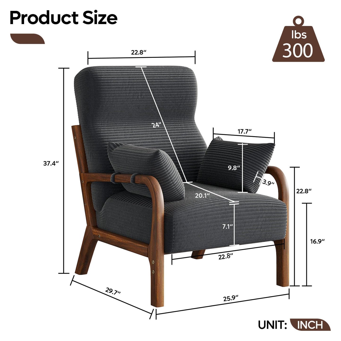 Bestier Mid Century Ergonomic Accent Chair, 105° Backrest Angle with Pillow, High Back Living Room Chair with Head/Back/Armrest Support, Thick and Comfy Seat Cushion Reading Chair, Grey