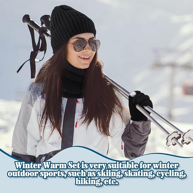 SATINIOR 5 Pcs Winter Beanie Hat Scarf Gloves Set Fleece Lined Knit Hat Warm Touch Screen Gloves Earmuff Warmer for Women(Black,Fashion Style)