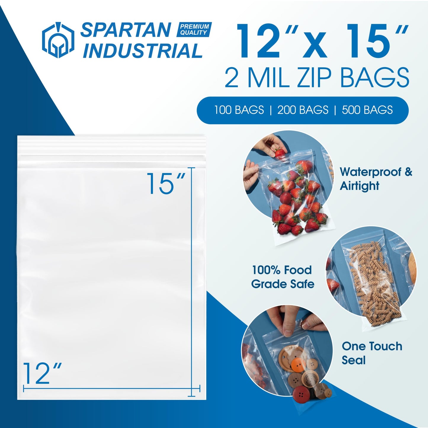 Spartan Industrial - 12" X 15" (100 Count) 2 Mil Clear Reclosable Zip Plastic Poly Bags with Resealable Lock Seal Zipper