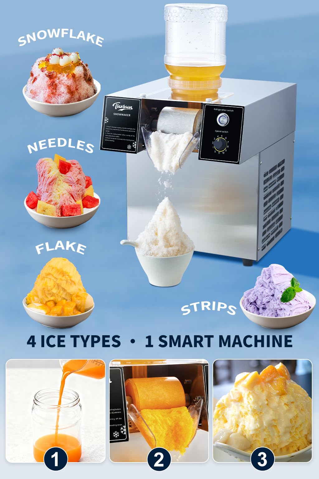 THXSUN Snowflake Ice Machine, THXSUN 360W Commercial Shaved Ice Maker, 140lbs/24H Rapid Cooling Snowflake Ice Machine, Food-Grade Stainless Steel Snow Ice Maker for Restaurant, Café, Bar, Party