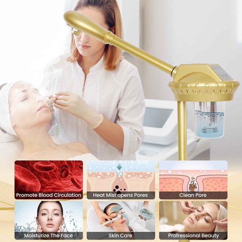 Facial Steamer Professional with More Steam for Deep Cleansing and Hydration, Estheticians Steamer on Wheels with Time Setting, Face Steamer Adjustable Height for Beauty, Spa and Home Use(Golden)