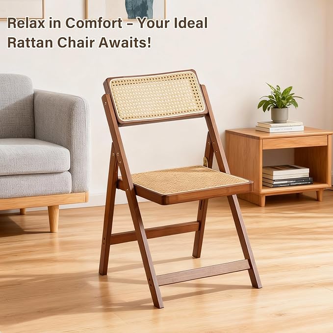 Furlide Rattan Folding Chair, Modern Mid Century Dining Chairs Set of 1, Comfy Outdoor Bamboo Chairs for Bedroom Living Room Reading Room Dining Kitchen, Walnut